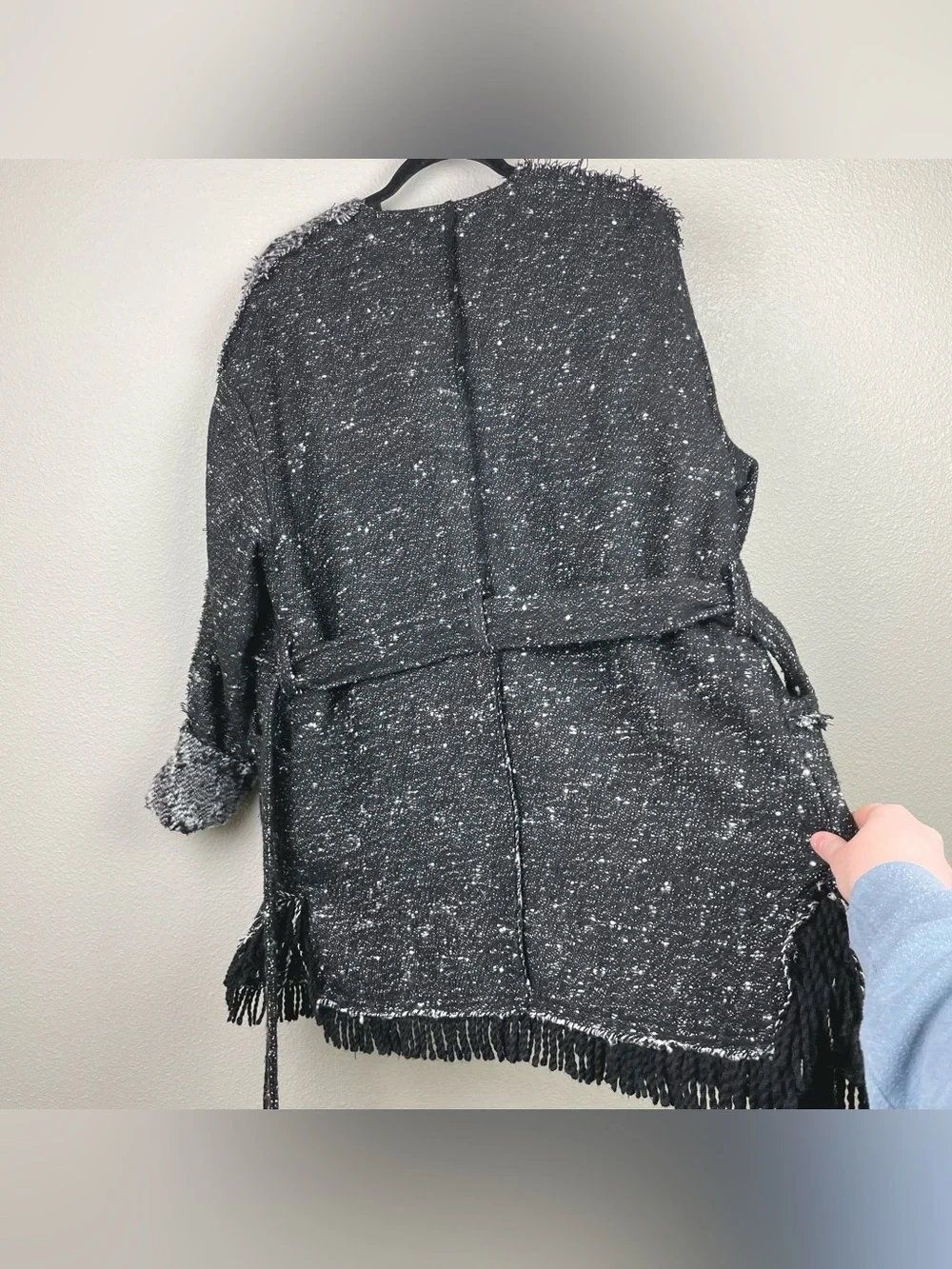 Free People Women's XS Fringe Wrap Blanket Coat Jacket Tie Waist Black Combo